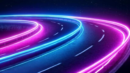 Fototapete - A winding road at night, lit by vibrant pink and blue neon lights. A dark background displays visible stars. Abstract road design with glowing lines