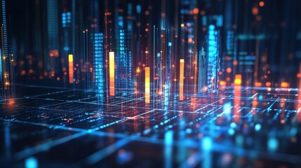 digital visualization of data analytics with glowing bars and lines representing information flow in