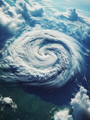 Poster - Strong hurricane swirling over the ocean captured from above during daylight hours showing intricate cloud patterns. Generative AI