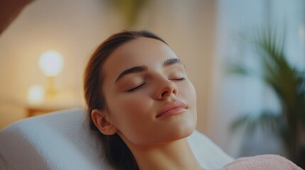 Poster - A pretty young woman lies comfortably on a plush treatment bed, eyes closed, as she indulges in a calming facial. Soft lighting and tranquil surroundings enhance the soothing atmosphere