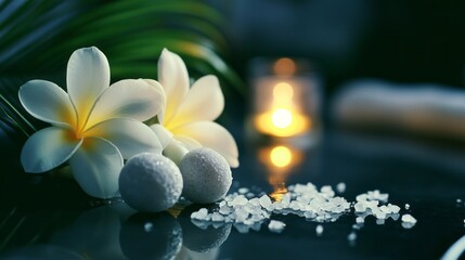 Poster - Plumeria flowers bloom gracefully beside smooth massage balls, while glistening salt crystals scatter across a serene surface. A soft candlelight flickers nearby, enhancing the tranquil atmosphere