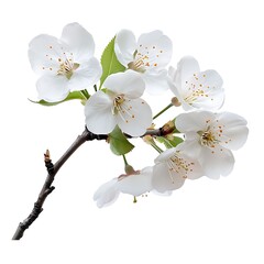 Wall Mural - Cherry tree branch with flowers and leaves isolated on white background.