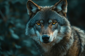 Poster - Wolf with striking amber eyes stands alert in a dense forest during twilight hours surrounded by lush greenery. Generative AI