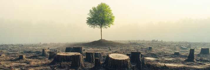 Aufkleber - Lonely tree stands alone in deforested landscape during foggy morning in serene atmosphere. Generative AI