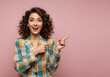 © Everlasting Dreams - Person pointing with her finger, highlighting with her hand a product or promotional text, business woman outfit aesthetic - isolated background, advertising campaign portrait.