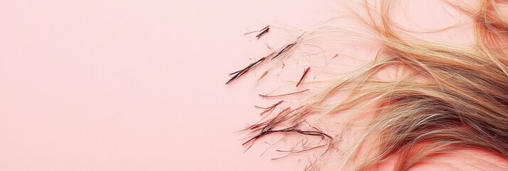 Poster - Frayed hair tips reveal split ends on a soft pink backdrop inviting hair care tips. Generative AI