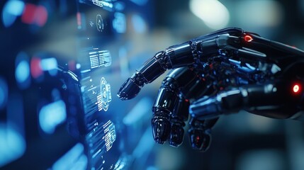 Poster - A robotic hand interacts with a digital interface, showcasing advanced technology and artificial intelligence in a futuristic setting.