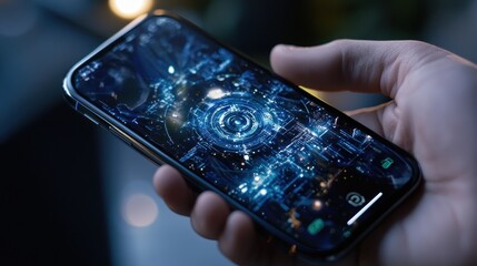Poster - A hand holds a smartphone displaying a futuristic, high-tech digital wallpaper with intricate blue patterns and glowing elements.