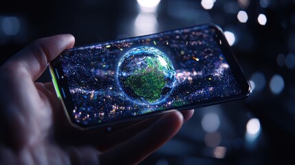 Poster - A hand holds a smartphone displaying a vibrant, cosmic image of Earth amidst a starry background.