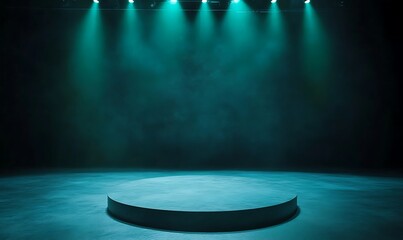 Fototapete - A dimly lit stage, podium with teal light, creating a dramatic atmosphere for performances. 3D rendering illustration exhibition background

