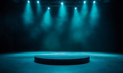 Fototapete - A dimly lit stage, podium with teal light, creating a dramatic atmosphere for performances. 3D rendering illustration exhibition background

