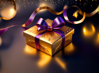 Sticker - golden gift box tied with a purple ribbon, shimmering on a dark surface with bokeh lights. festive a