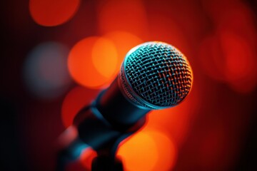 Fototapete - Close up of a microphone in vibrant red lighting during a music performance at night. Generative AI