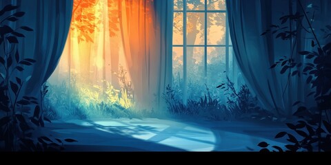 Wall Mural - Serene indoor scene with sunlit forest view through the window