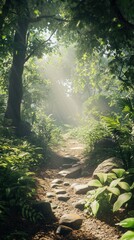 Poster - Narrow hiking trail through a lush forest illuminated by soft morning light