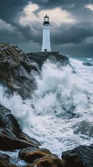 Aufkleber - Lighthouse standing tall on rugged cliffs as waves crash against the rocks under a stormy sky