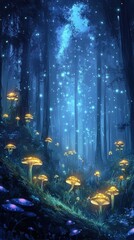 Poster - Enchanted forest with glowing mushrooms and ethereal blue light