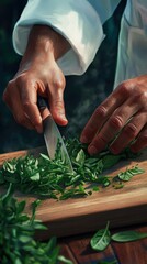Poster - Chefs hands skillfully chopping fresh herbs on a wooden cutting board in a warm kitchen setting