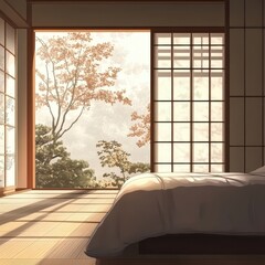 Wall Mural - Serene bedroom with large window overlooking tranquil autumn scenery