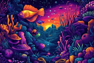 Sticker - Vibrant underwater scene featuring colorful coral and tropical fish