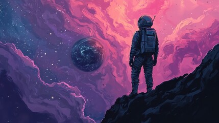 Wall Mural - astronaut contemplates a distant planet amidst colorful cosmic clouds