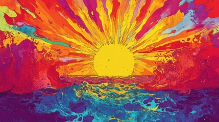 Poster - Abstract vibrant sunrise or sunset over the ocean painting