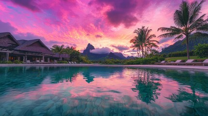 Sticker - Mesmerizing Reflection in Serene Tropical Pool at Sunset