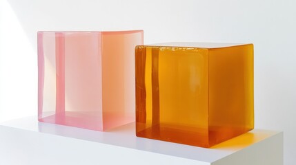 Poster - Minimalist display featuring amber and pink color blocks on a white pedestal in a contemporary space