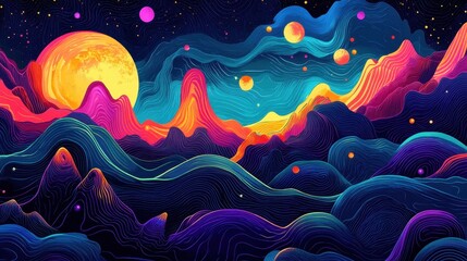 Wall Mural - Colorful layered mountainscape under a large moon and planets