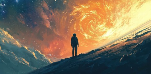 Wall Mural - astronaut gazes at swirling galaxy from surface of a planet