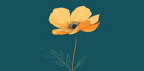 Wall Mural - Elegant golden flower with outlined leaves set against teal background