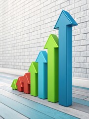 Poster - A colorful bar graph with arrow-shaped tops on a wooden floor against a brick wall, symbolizing growth and progress.