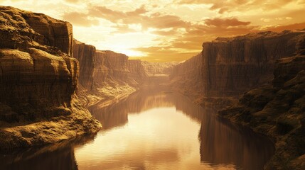 Wall Mural - Serene Sunset Over Rocky Canyon Reflecting in Calm River Water