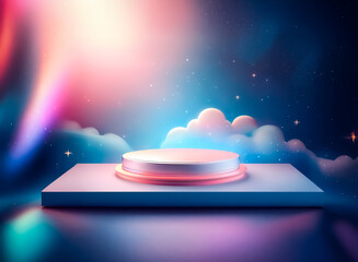 Wall Mural - a platform with a circular top stands against a dreamy backdrop of soft lights and clouds, creating 
