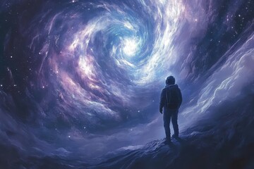 Wall Mural - astronaut stands on planet gazing at a galactic nebula