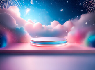 Wall Mural - a platform glows against a dreamy night sky filled with fluffy clouds and sparkling stars, creating 