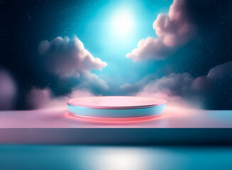 Wall Mural - round platform illuminated with pink light set against a dreamy night sky filled with fluffy clouds 