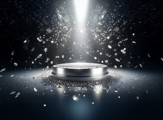 Poster - illuminated platform in darkness, bathed in bright spotlight. sparkling particles float in air, crea
