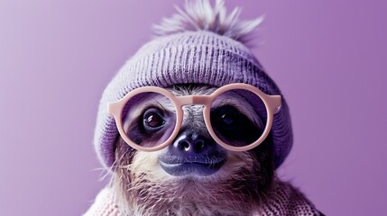 Wall Mural - a cute and cuddly sloth wearing a purple beanie and glasses. the sloth is looking at the camera with