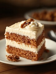 Aufkleber - Delicious slice of moist carrot cake topped with rich cream and a walnut on a decorative plate