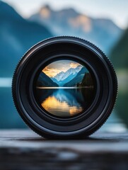 Poster - Close-up view of a camera lens reflecting a serene lake and mountain landscape at dusk