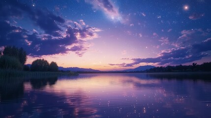 Wall Mural - Surreal Twilight Scene Over Still Lake and Dreamy Sky