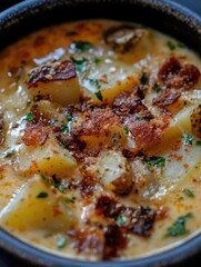 Poster - Creamy potato soup garnished with herbs and spices in a rustic bowl, perfect for a cozy meal