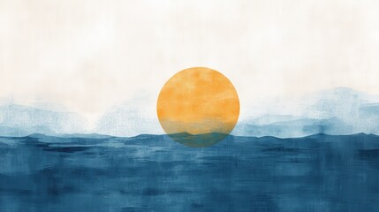 Aufkleber - Silhouette of a sun rising over calm waters and soft blue mountains at dawn