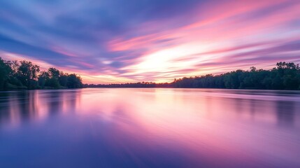 Wall Mural - Dynamic Long Exposure of Serene River at Sunset with Colorful Sky