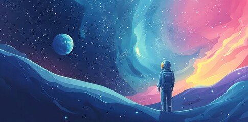 Wall Mural - astronaut contemplating colorful cosmic landscape with planet and stars