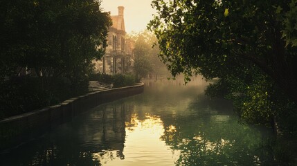 Wall Mural - Serene Twilight Scene with Quiet Water Reflection in a Surreal Setting