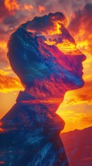 Poster - Vibrant silhouette of a man illuminated by an enchanting sunset and ocean waves