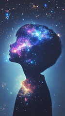 Poster - Child's silhouette reflecting a vibrant cosmic glow in a dreamlike environment of stars and galaxies