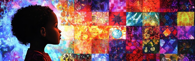 Aufkleber - Child illuminated by vibrant colors against a textured backdrop showcasing creativity and imagination